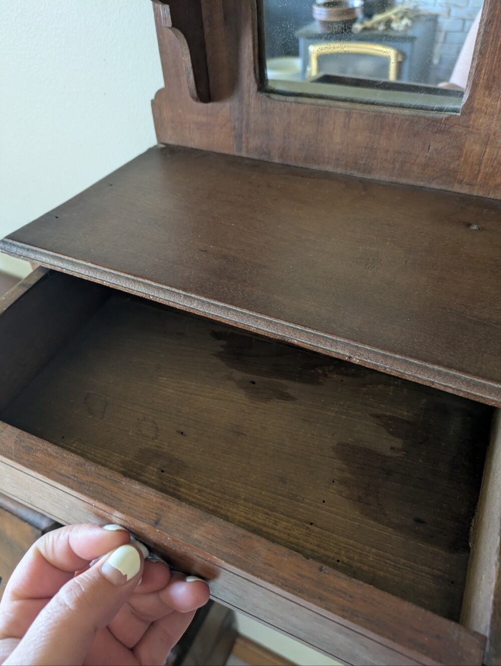 Antique Eastlake Victorian Walnut Wall Mirror Shaving Stand Comb Case - Picture 5 of 11